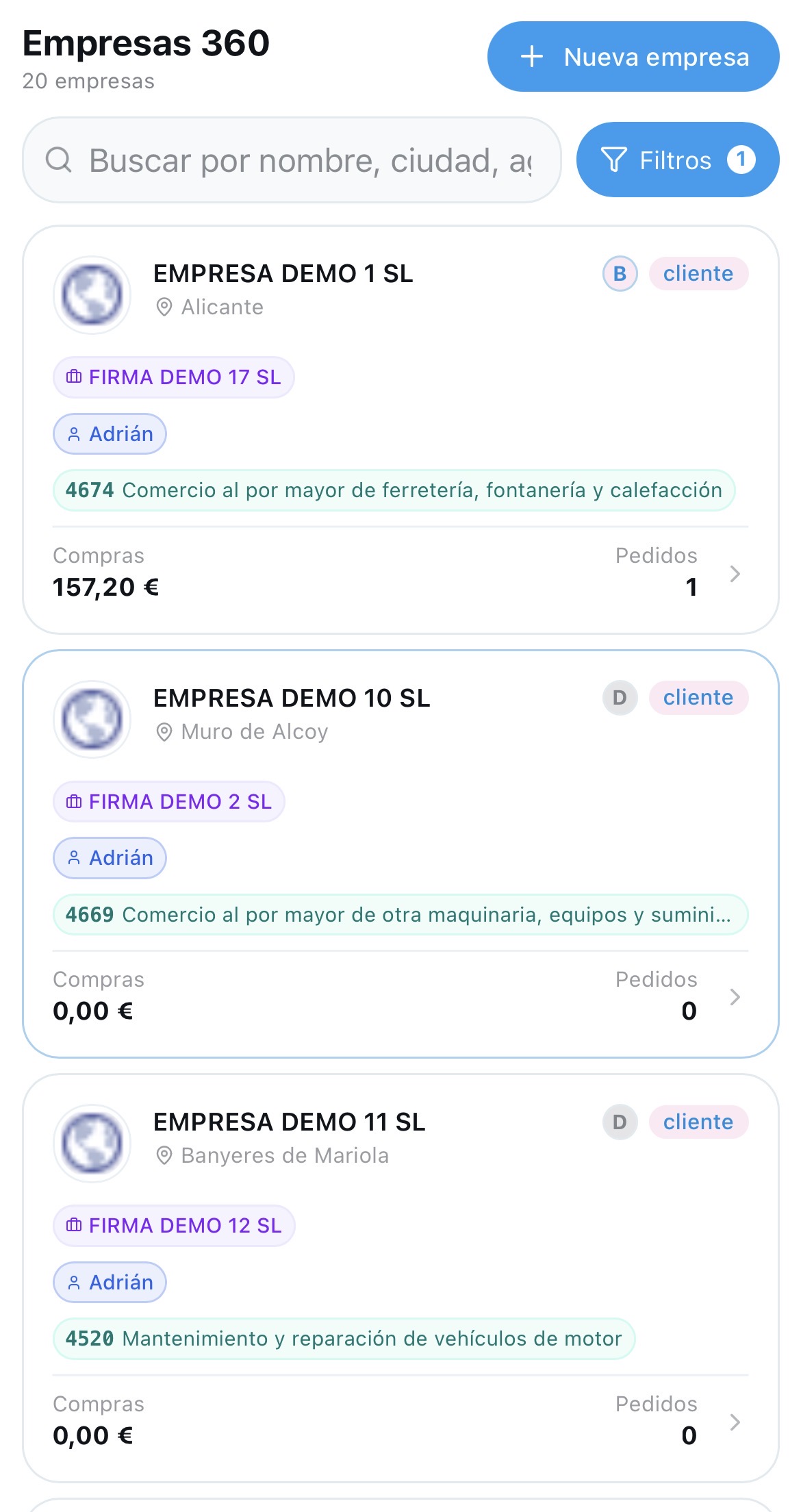 Listado de empresas en Botyzai CRM