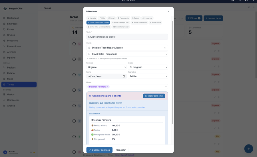 Gestión de tareas en Botyzai CRM