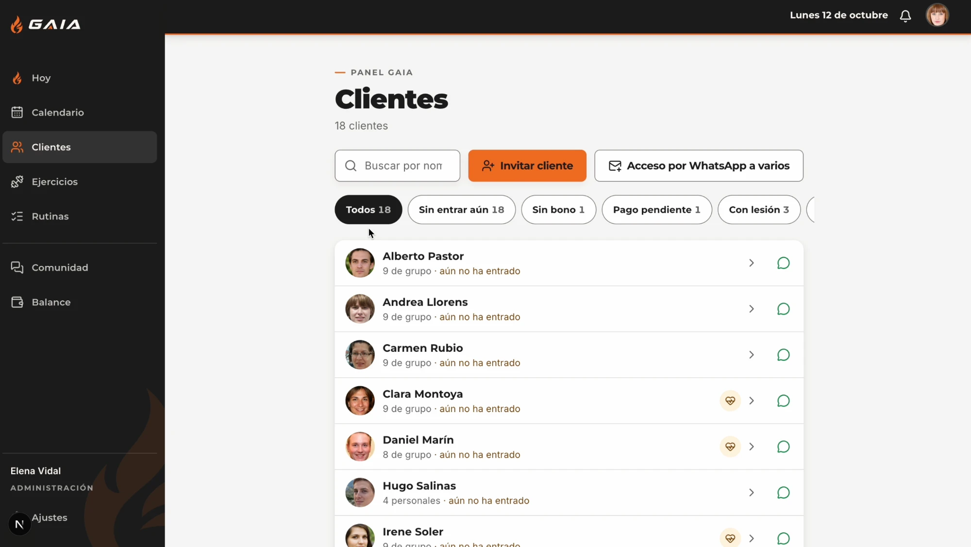 Listado de clientes de GAIA con filtros